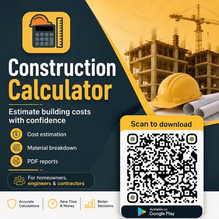 Construction Calculator app promo: cost estimation, material breakdown, PDF reports, available on Google Play